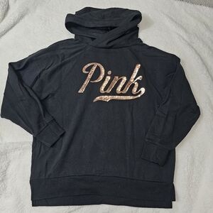 Victoria's Secret PINK M Black Crossover Hoodie Pullover Gold Sequin Bling
